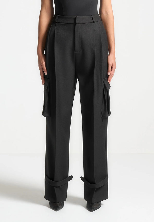 Tailored Pleated Cargo Trousers in Black