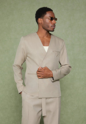 Relaxed Fit Belted Tailored Trousers in Beige