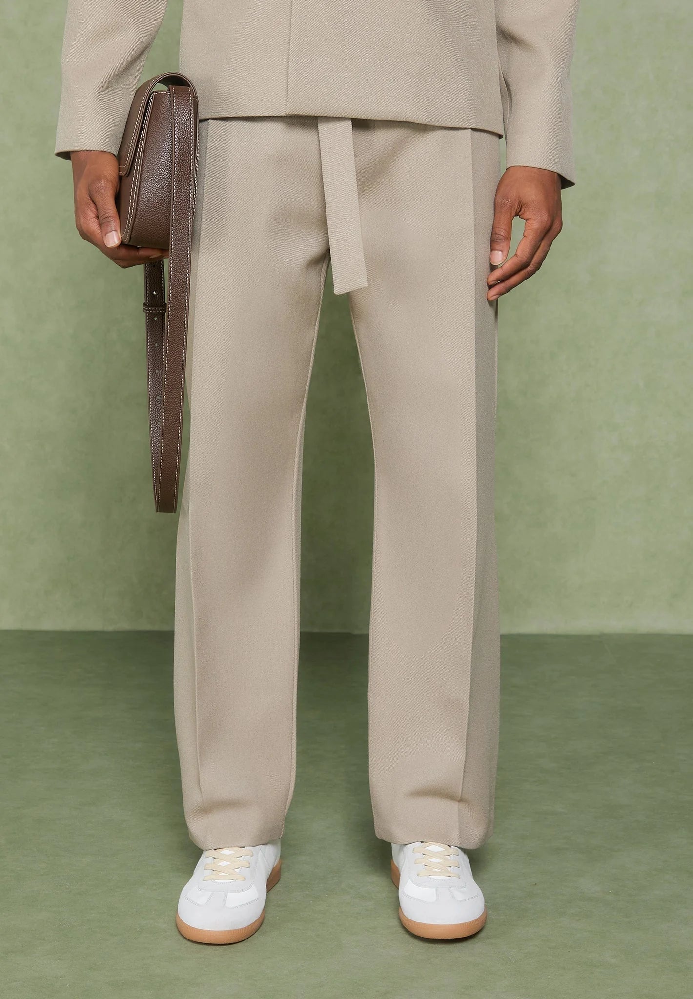 Relaxed Fit Belted Tailored Trousers in Beige