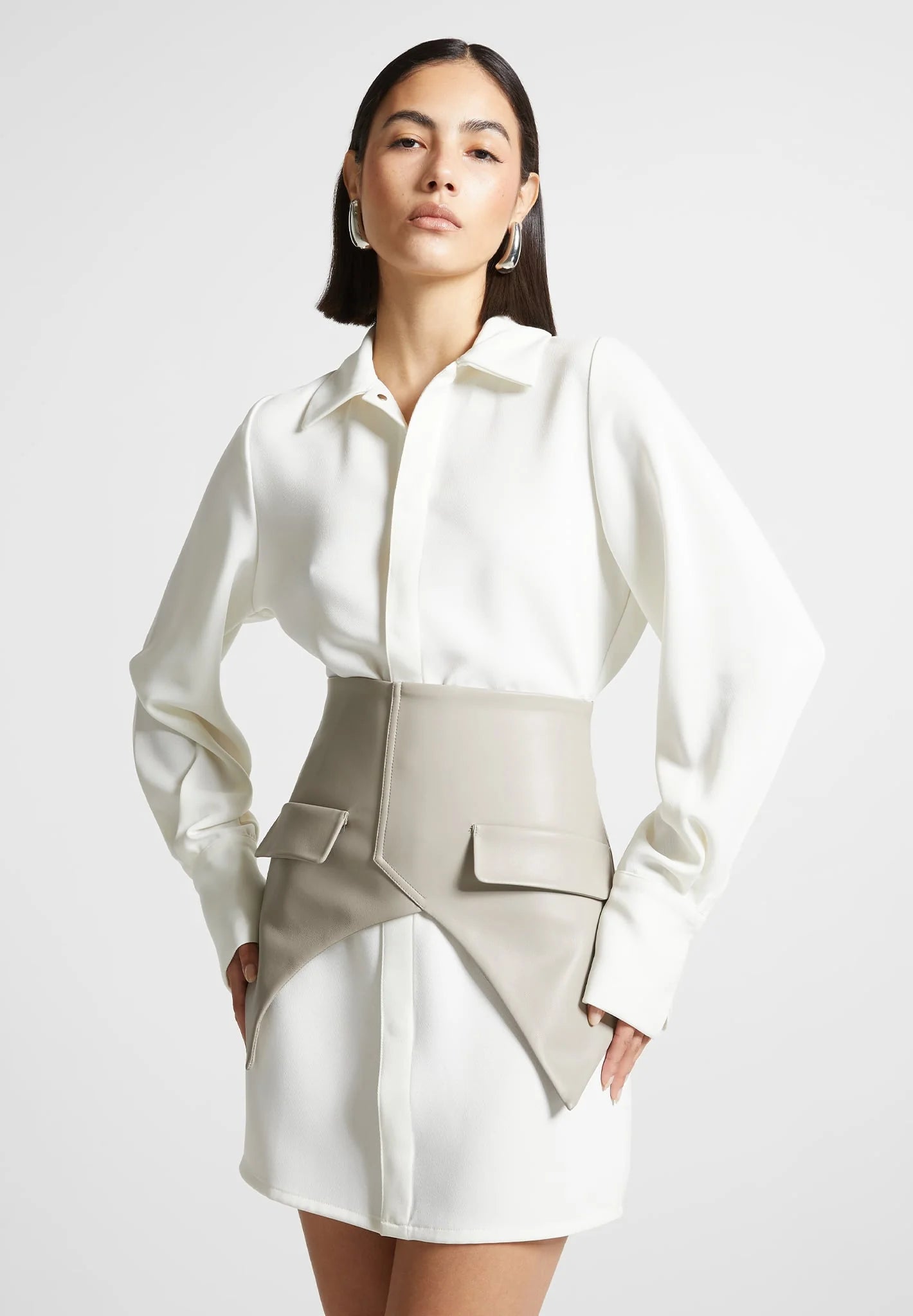 Corset Shirt Dress - White/Beige
