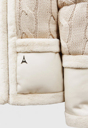 Knit and Plush Puffer Biker Jacket in Beige