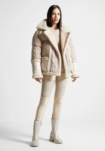 Knit and Plush Puffer Biker Jacket in Beige