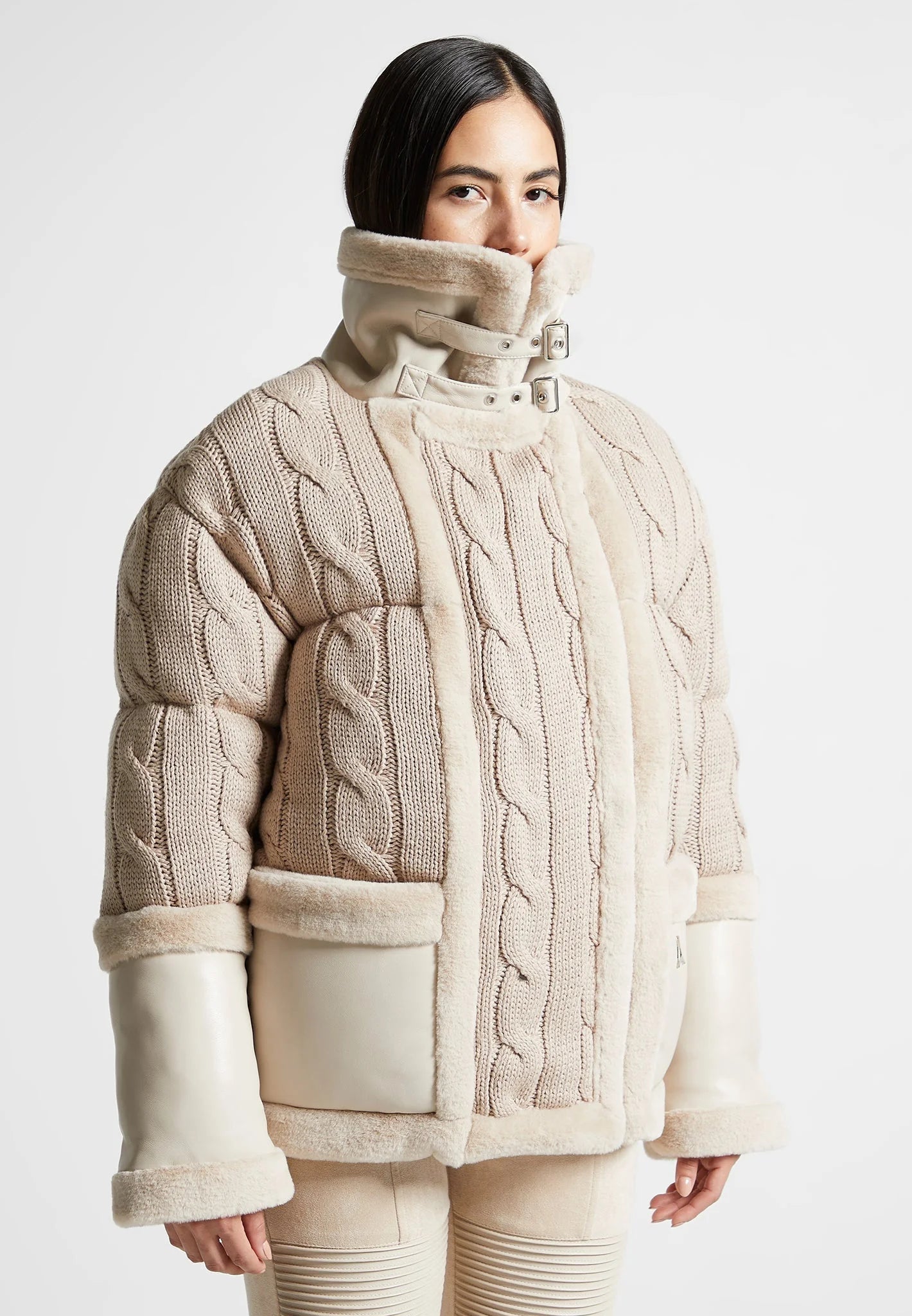 Knit and Plush Puffer Biker Jacket in Beige