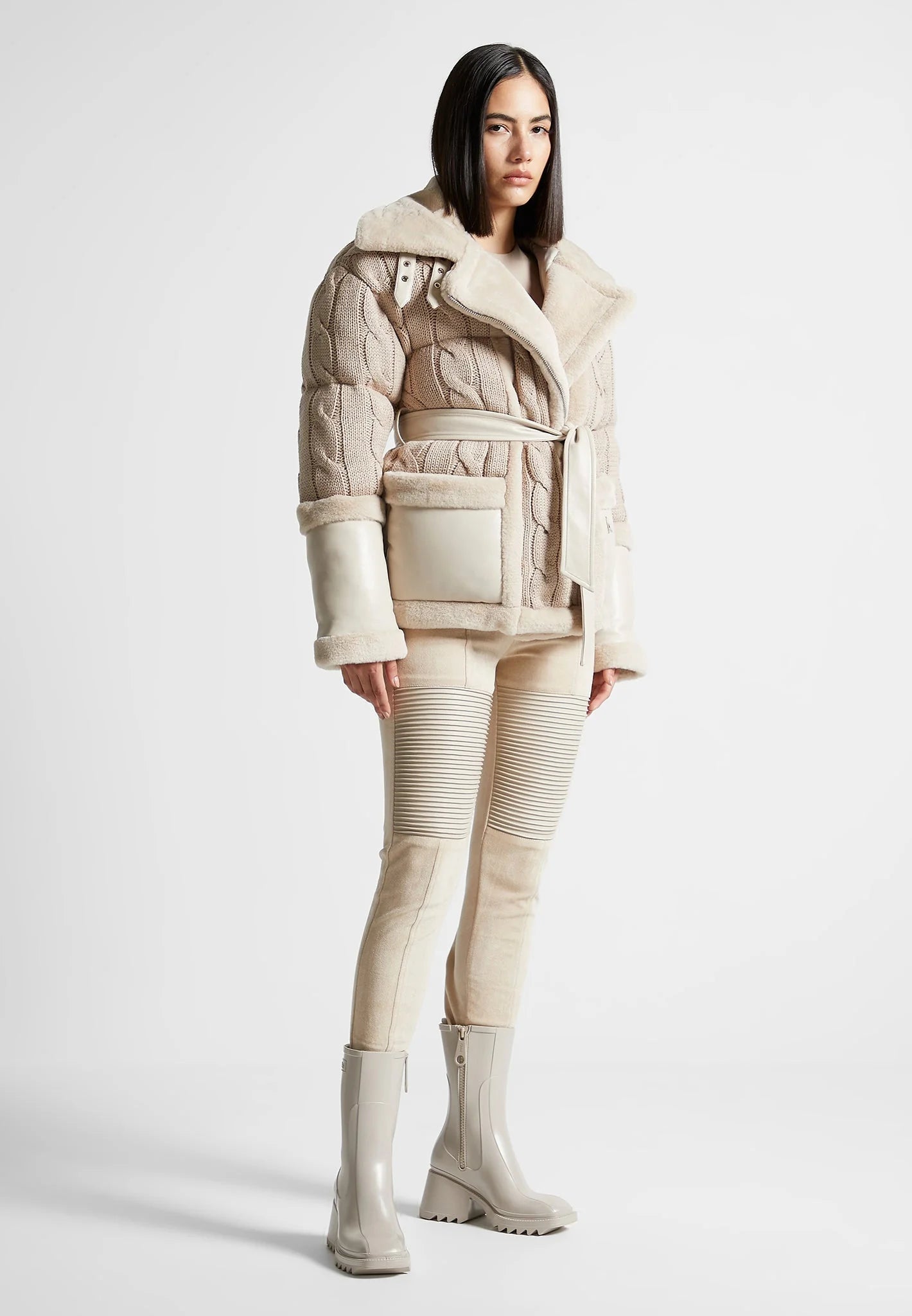 Knit and Plush Puffer Biker Jacket in Beige
