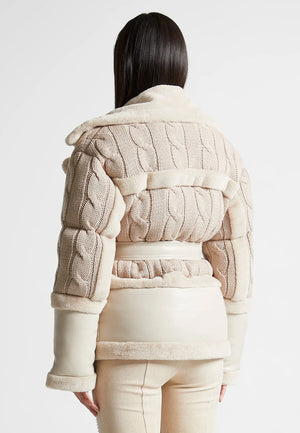 Knit and Plush Puffer Biker Jacket in Beige