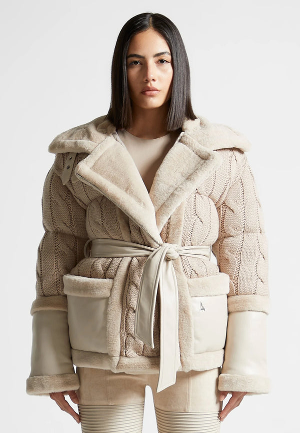 Knit and Plush Puffer Biker Jacket in Beige