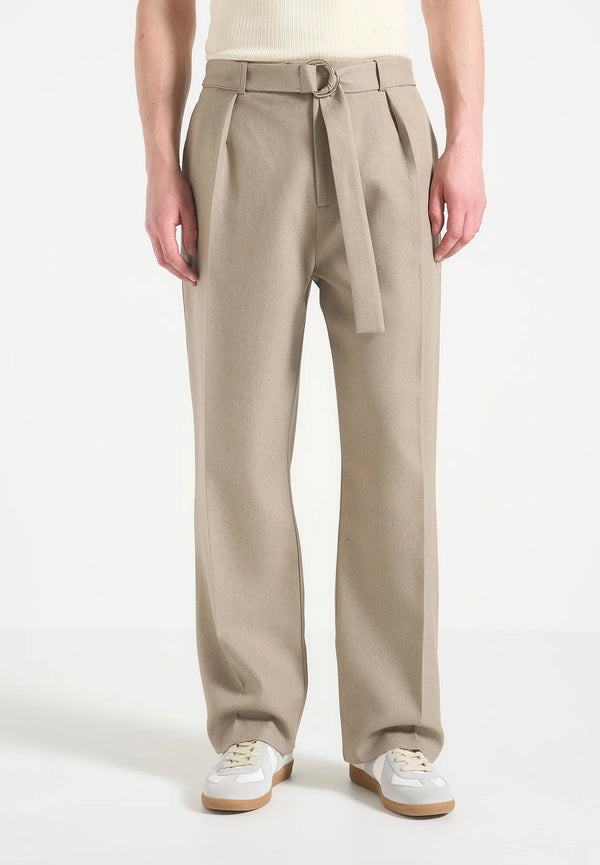 Relaxed Fit Belted Tailored Trousers in Beige