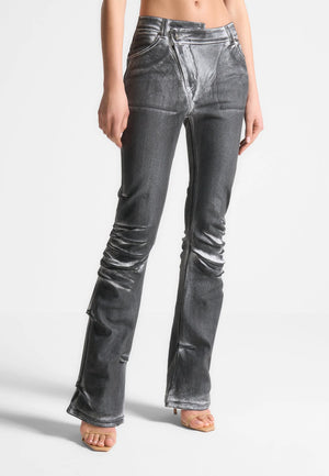 Oil Print Tacked Fit and Flare Jeans - White/Grey