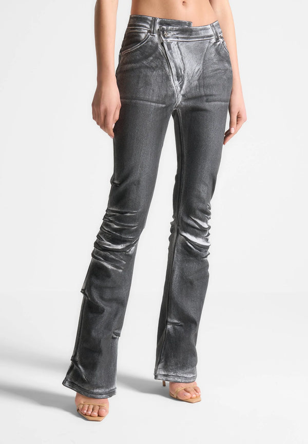 Oil Print Tacked Fit and Flare Jeans - White/Grey