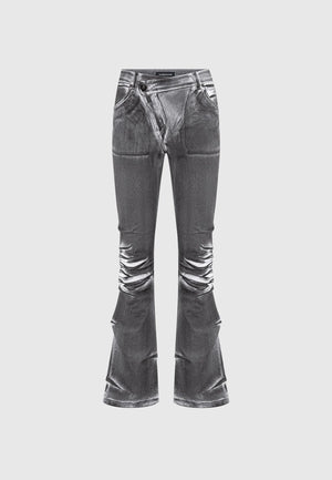 Oil Print Tacked Fit and Flare Jeans - White/Grey