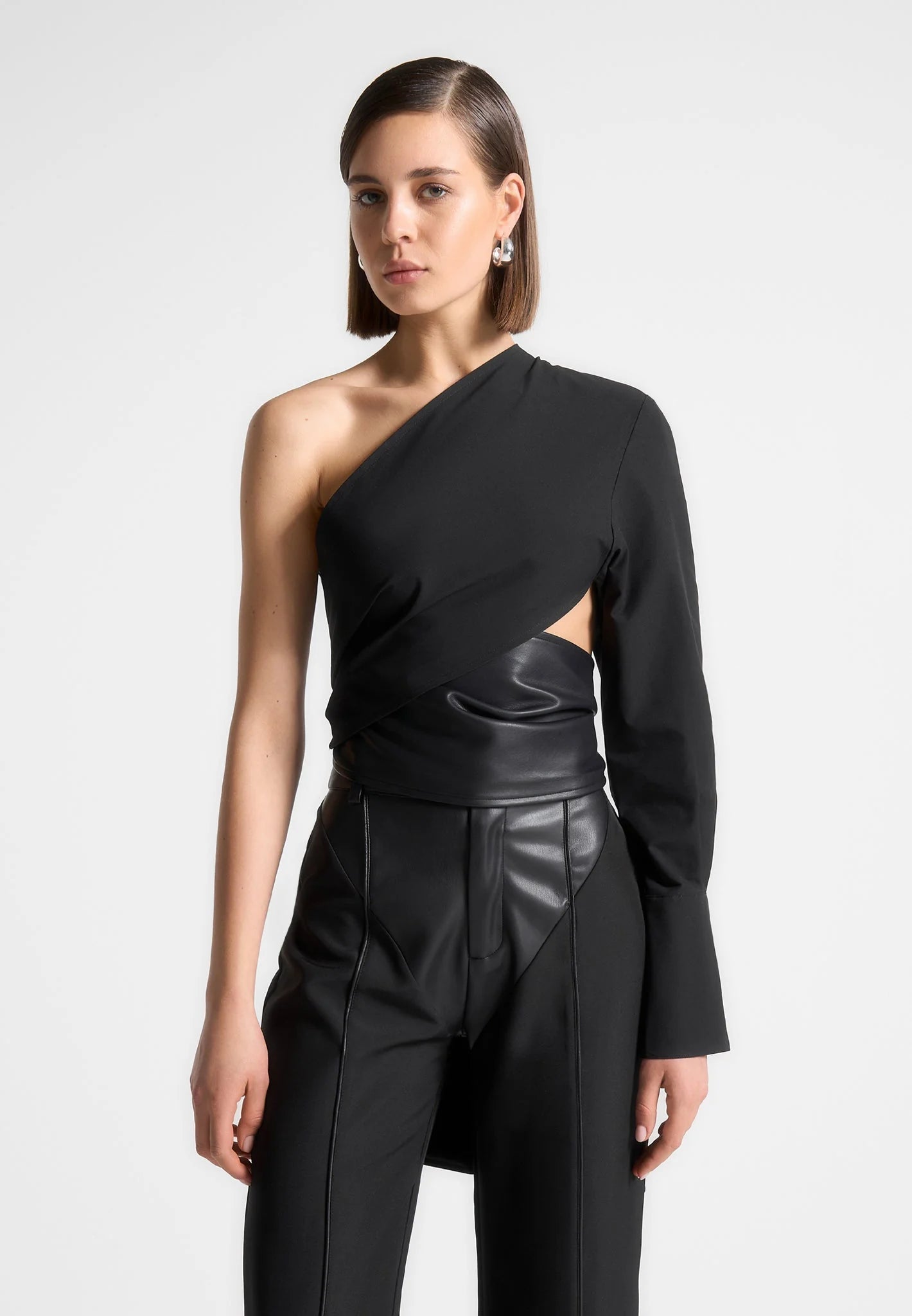 One Sleeve Leather Wrap Top in Black