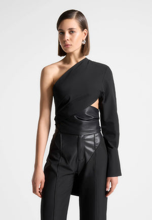 One Sleeve Leather Wrap Top in Black