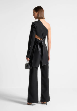 One Sleeve Leather Wrap Top in Black