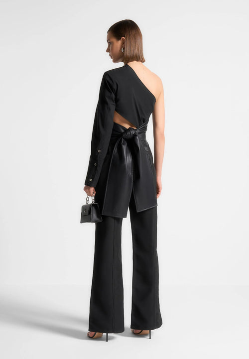 One Sleeve Leather Wrap Top in Black