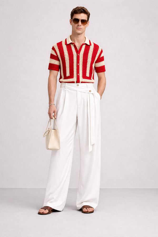 Caspian Relax Fit loose Elastic Waist Straight Leg Pleated Pants