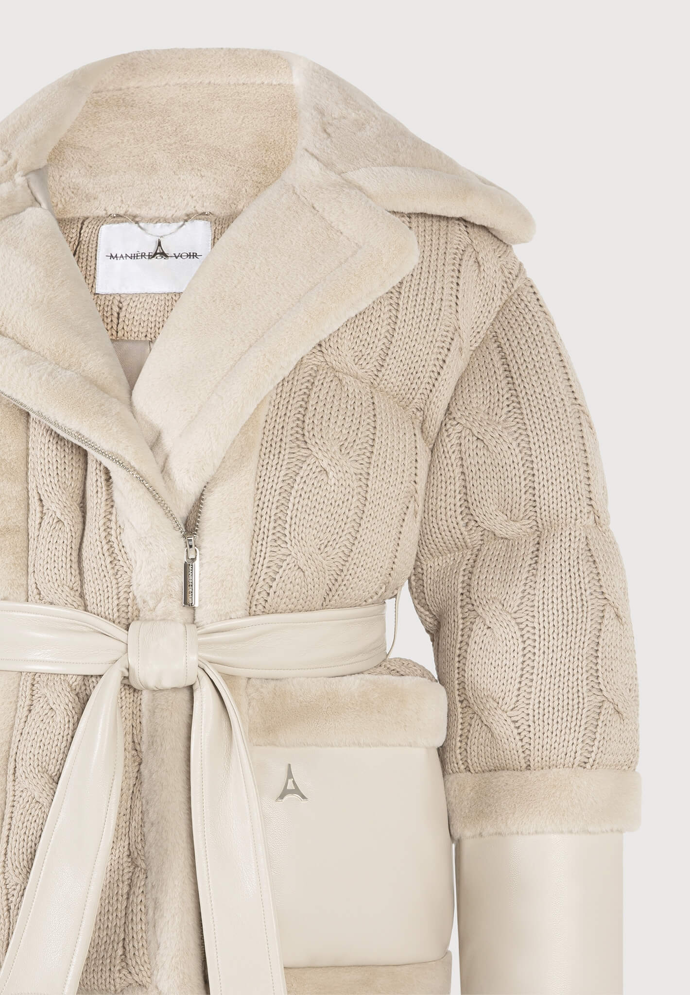 Knit and Plush Puffer Biker Jacket in Beige