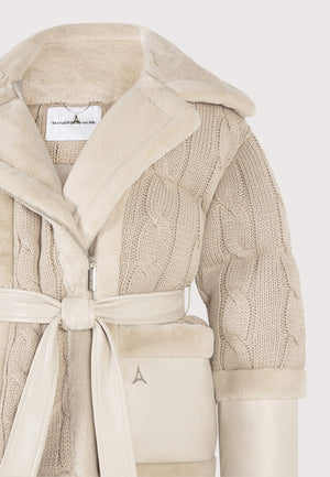 Knit and Plush Puffer Biker Jacket in Beige