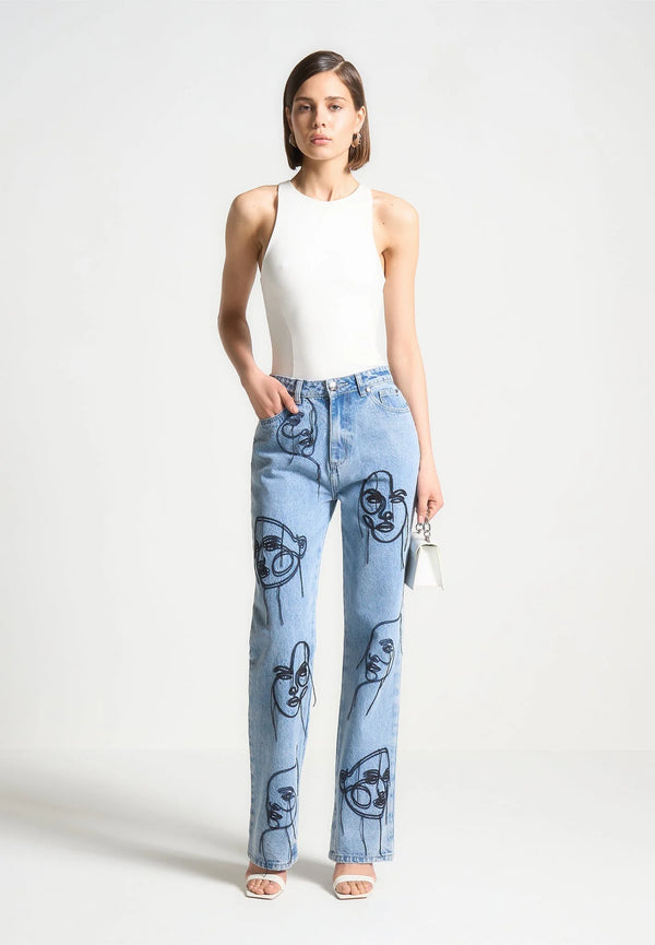 Line Art Straight Leg Jeans in Mid Blue
