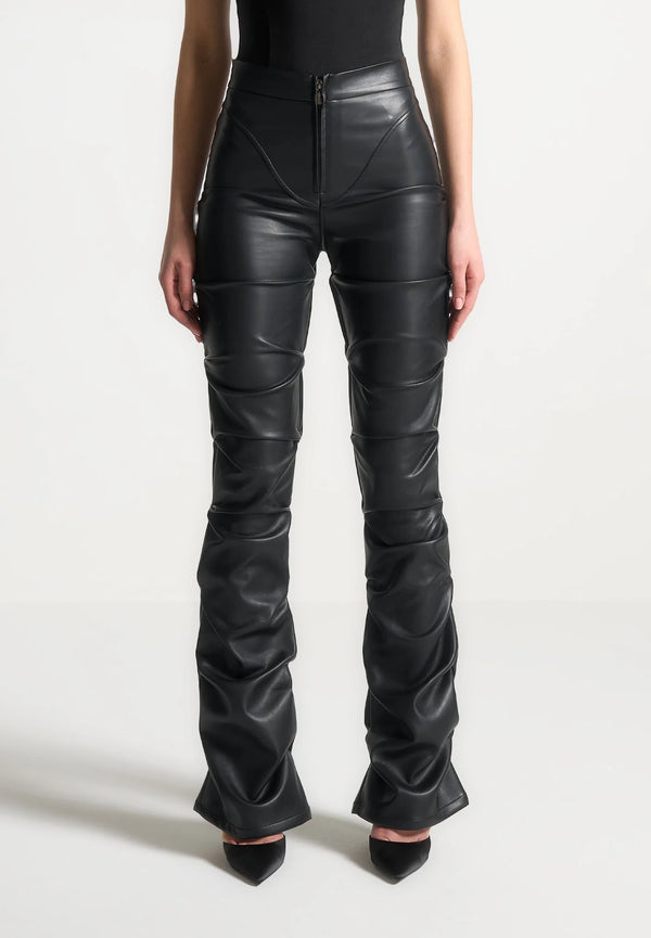 Tacked Leather Flared Trousers in Black