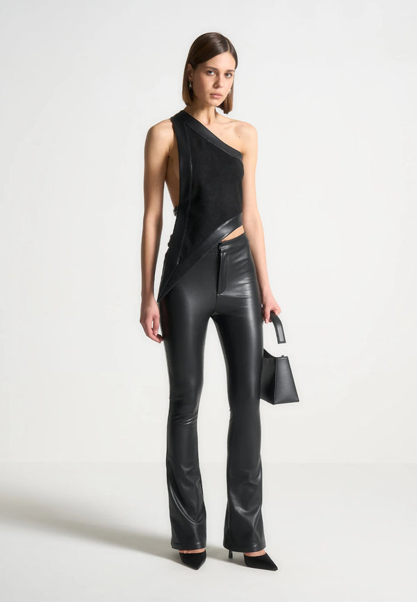 Suede & Leather Asymmetric Backless Top - Black
